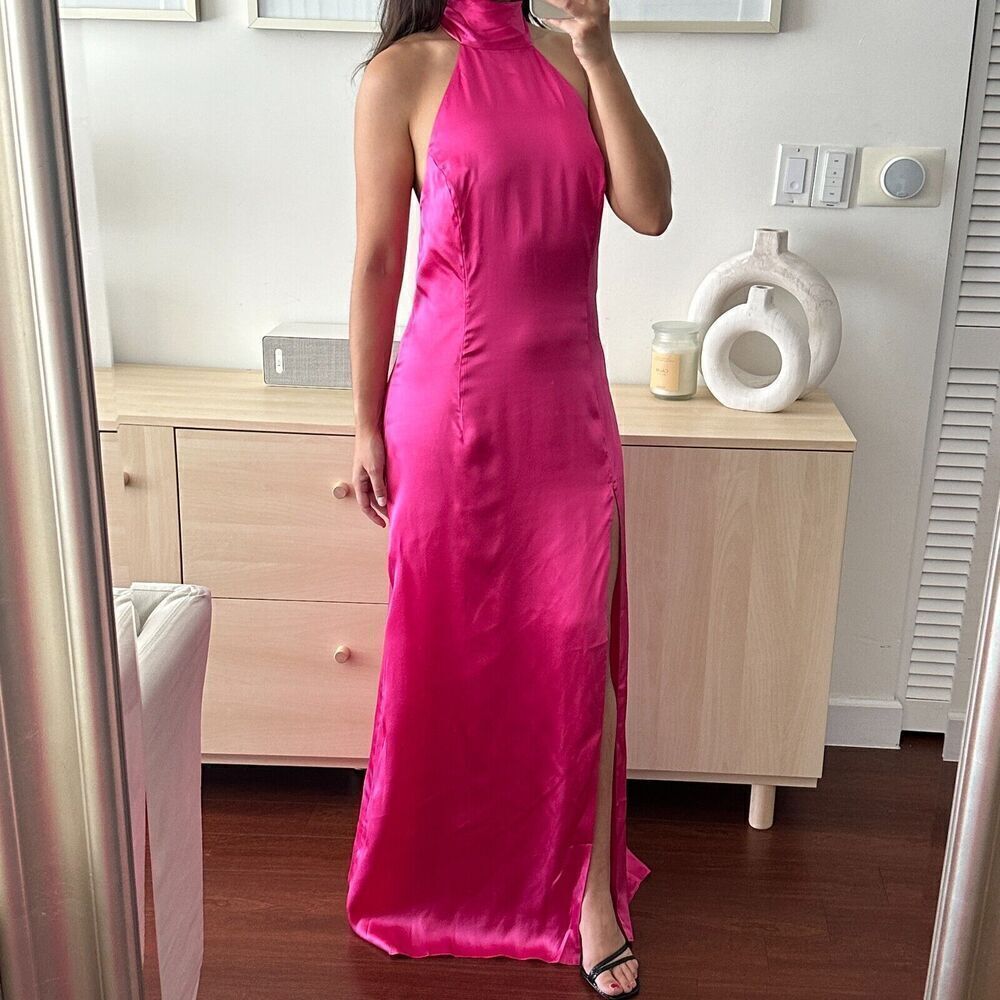 Marciano Guess 100% Silk Dress Womens 10 Maxi Gown Fuchsia Pink Halter Open Back